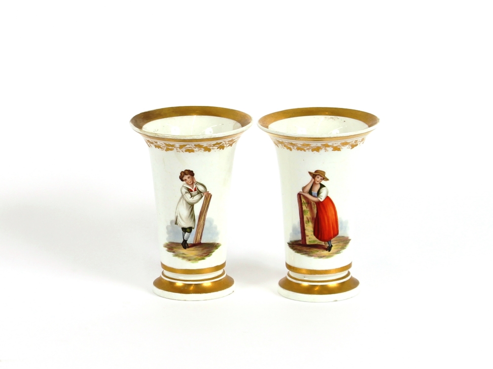 A pair of Bloor Derby porcelain spill vases, decorated with rural figures heightened in gilt, 12cm - Image 2 of 4