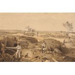 Three lithograph prints, of Crimean War battles, "2nd Charge of the Guards", "Sketch in the interior