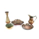 A 19th Century tinned copper Turkish dish and cover; a similar jug; a vase and two other items, (5)