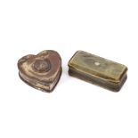 A 19th Century Scottish horn snuff box; and another 19th Century plated heart shaped snuff box, (2)