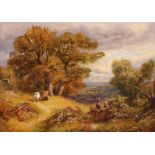 19th Century English school, study of children picnicking, nearby cattle in expansive landscape,