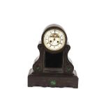 A 19th Century black marble and malachite inlaid mantel clock, circular white enamel dial with