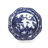 A pair of 19th Century Caughley style octagonal blue and white plates, decorated in the Chinese