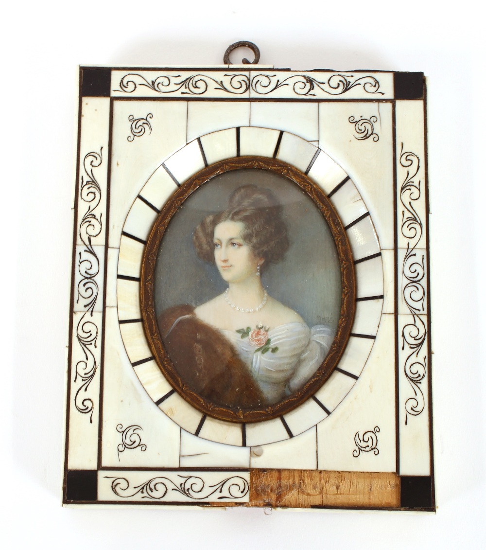 A classical style plaque, in simulated maple frame and a miniature portrait study in faux ivory