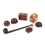 An Oriental lacquered cardbox; a walnut brass mounted trinket box; a Shillelagh and four carved