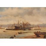 Manner of Charles Napier Hemy, a busy harbour with steam ships and barges, oil on canvas, 23cm x