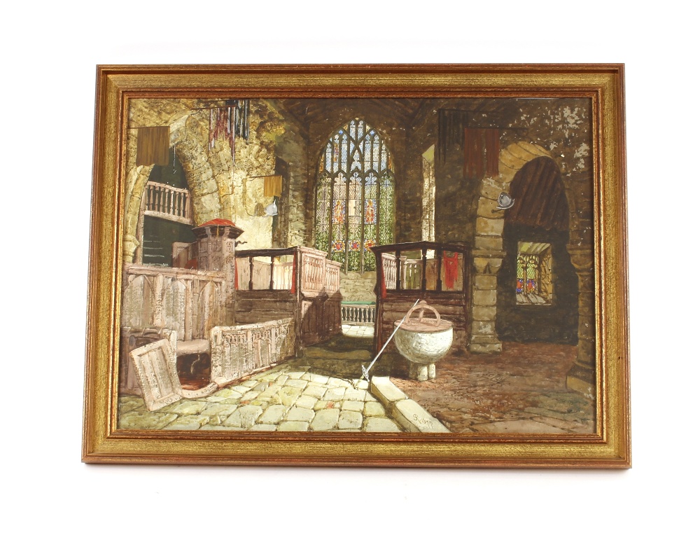 19th Century school, study of a church interior, monogrammed, dated 1877, 50cm x 69cm - Image 2 of 2