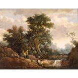 Manner of Edwin Henry Boddington, figures by a wooded and rocky waterfall with bridge beyond, oil on