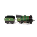 A Hornby engine and coal wagon; a Meccano engine; 8 various wagons; signal-level crossing/buffers; a