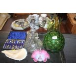 A cut glass decanter and stopper; glass vases; Art