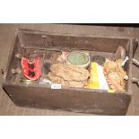 A wooden crate of various shoe repair bits etc.