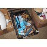 A box containing various hand tools; shoe last etc