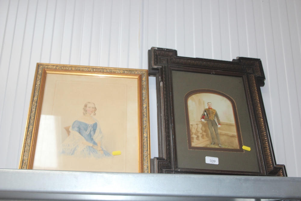 An oak framed over painted print of a soldier; tog