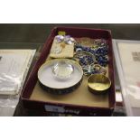 A tray of costume jewellery and a compact etc.