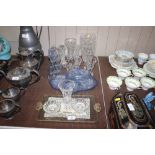 A blue glass dressing table set; and various other