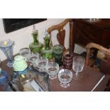 Five glass sundae dishes; two green glass decanter
