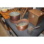 A quantity of copper pans; and a twin handled cont