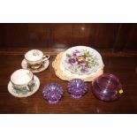 A Caithness glass bowl; decorative plates; two tea