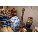 A Chinese blue and white table lamp base decorated
