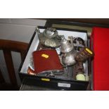 A box of small metal items to include a hip flask