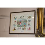 An Alice In Wonderland coloured print, framed and