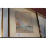 M D Ansell, "Coastline at Sunset" signed watercolo