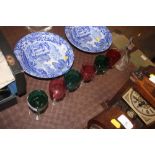 Six Victorian coloured wine glasses; and a clear g