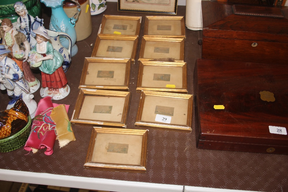 Nine small gilt framed coloured prints depicting v