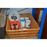 A wicker basket and contents of various tractor related china