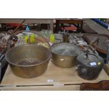 Two brass preserve pans; quantity of weights etc.