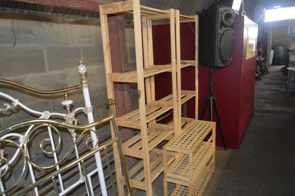 Two pine storage racks together with a beech shoe
