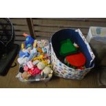 A storage box and a plastic tub of various toys