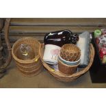 Two wicker baskets and contents of planters and gl