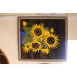 20th Century, sunflowers in a blue pot, oil on boa