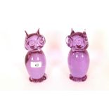 A pair of Murano mauve glass figures of owls, sign