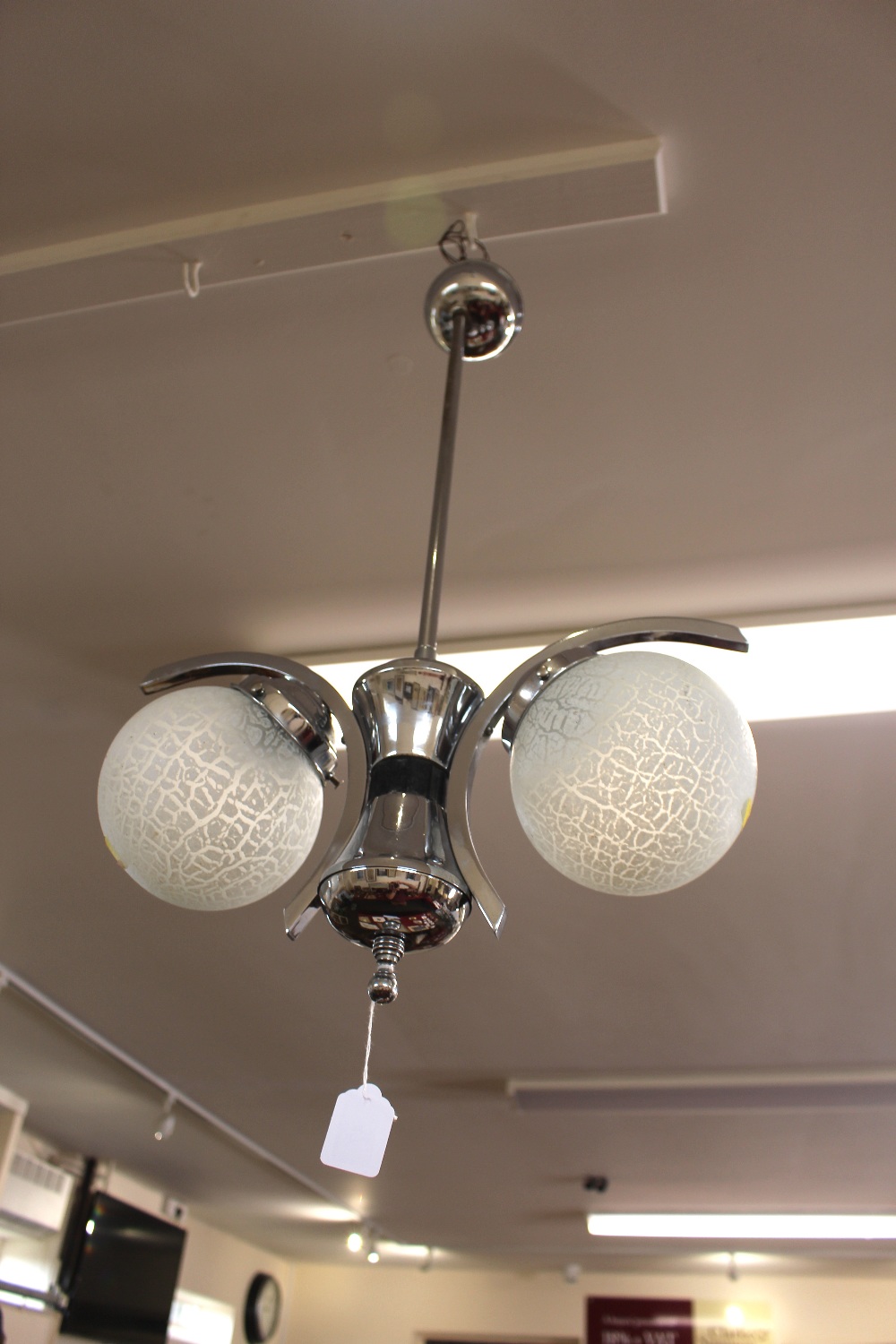 A chrome pendant ceiling light, fitted two frosted - Image 2 of 2