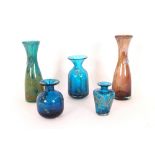 Three blue Mdina glass vases; and two Carafe shape