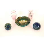 Two Mdina glass paper-weights; a Mdina ashtray and