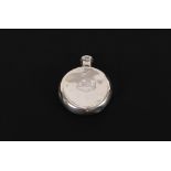A small circular silver hip flask bearing family c