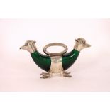 A green glass and electro plated double ducks head