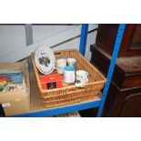 A wicker basket and various tractor related china