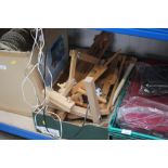 A box of artists easels, tapestry frame etc.