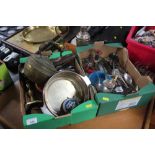 Two boxes of various silver plated items etc