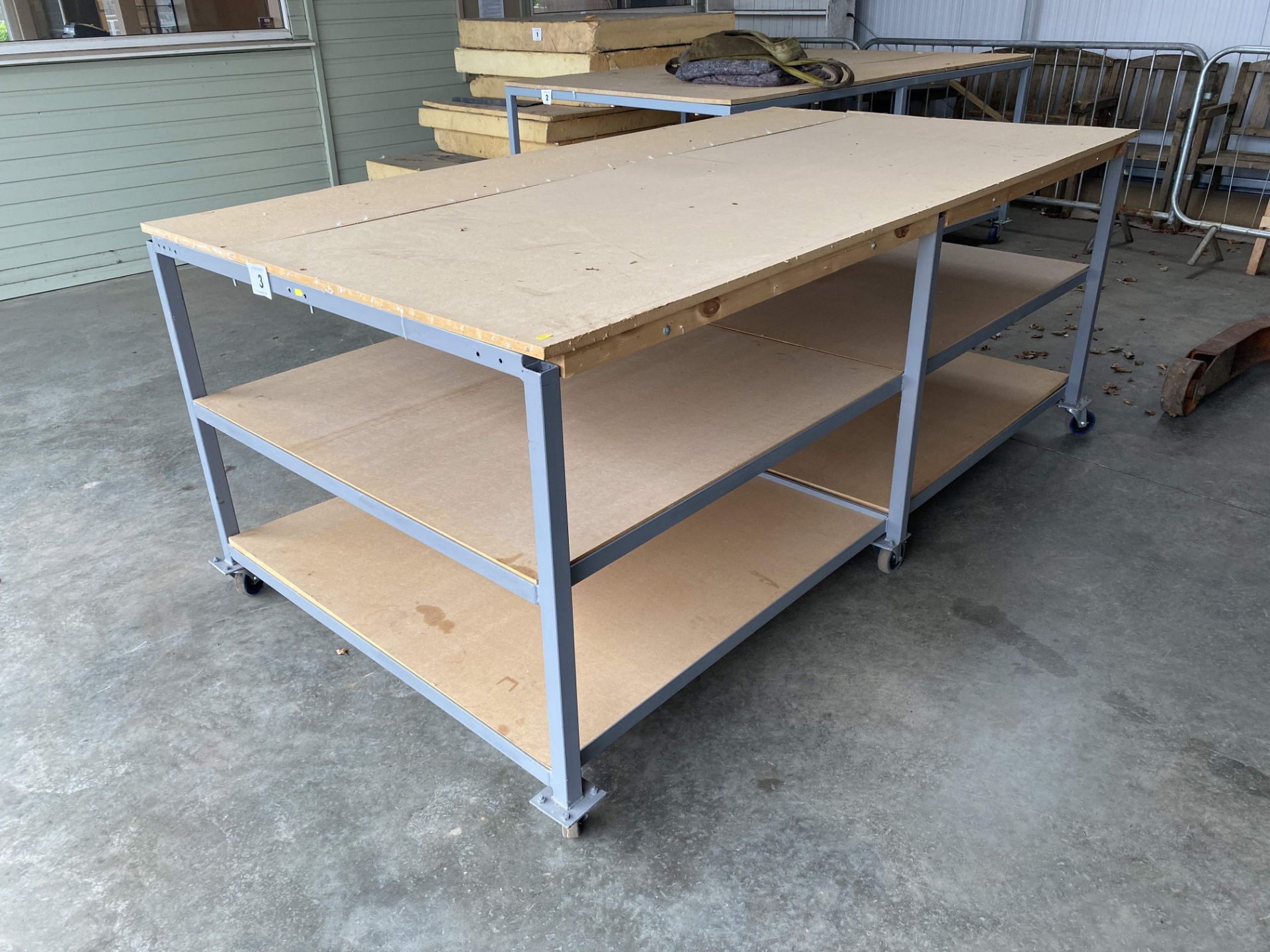 2.5m x 1.3m x 1m powder coated workbench on castors. With MDF shelves. - Image 2 of 7