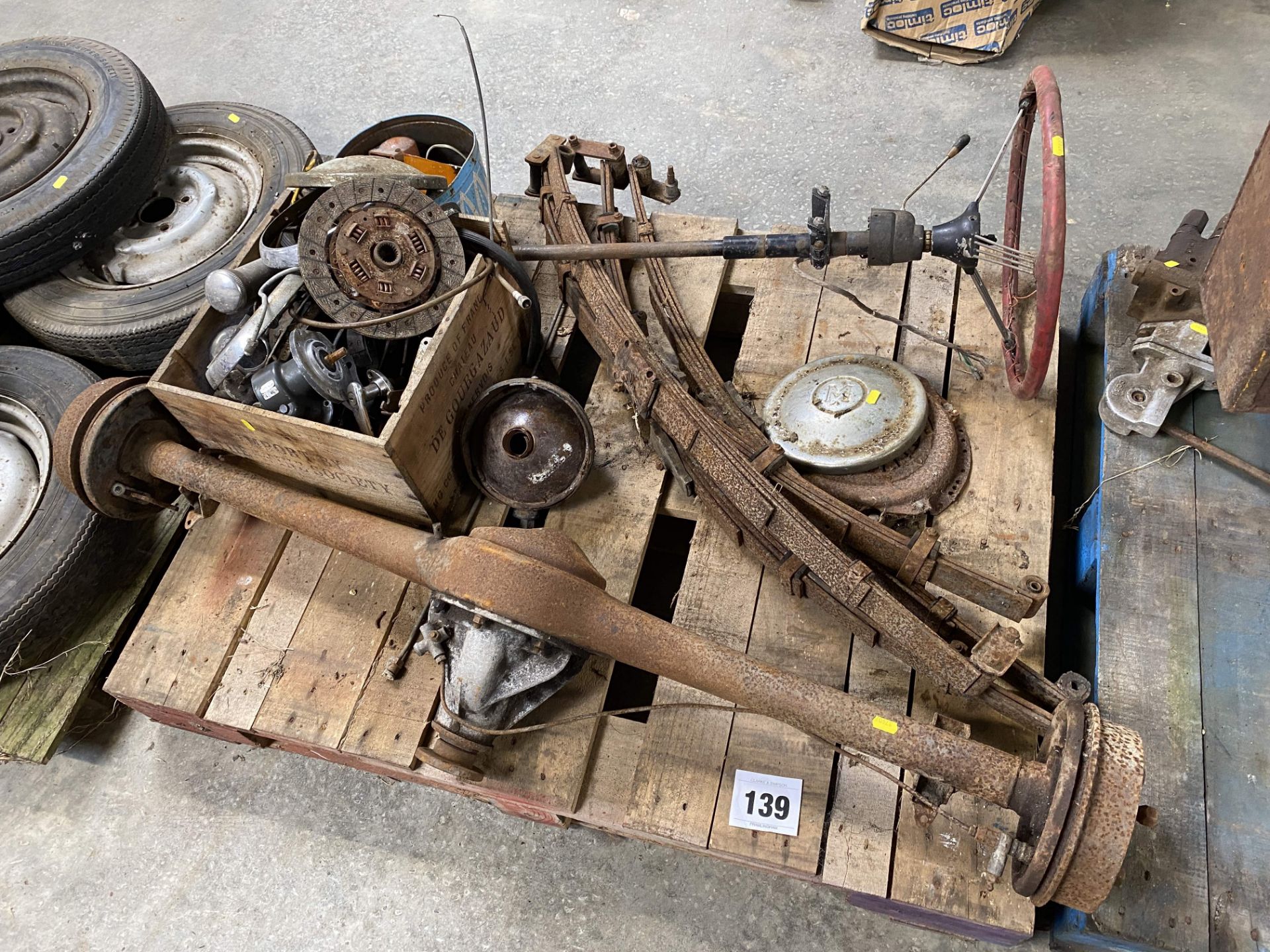 Morris Minor rear axle, clutch, springs, wheels and tyres and various spares. - Image 2 of 5