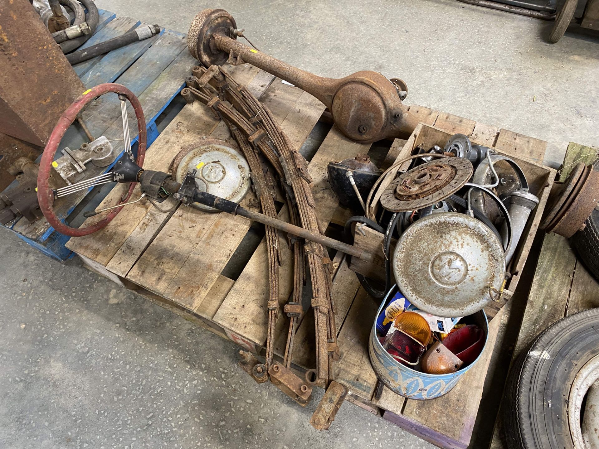 Morris Minor rear axle, clutch, springs, wheels and tyres and various spares. - Image 3 of 5