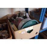 A box of various kitchenalia etc.