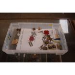 A box containing mixed medals, badges, coins, mili