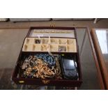 A cantilever jewellery box and contents of various