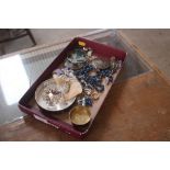 A tray of various costume jewellery, compact etc.